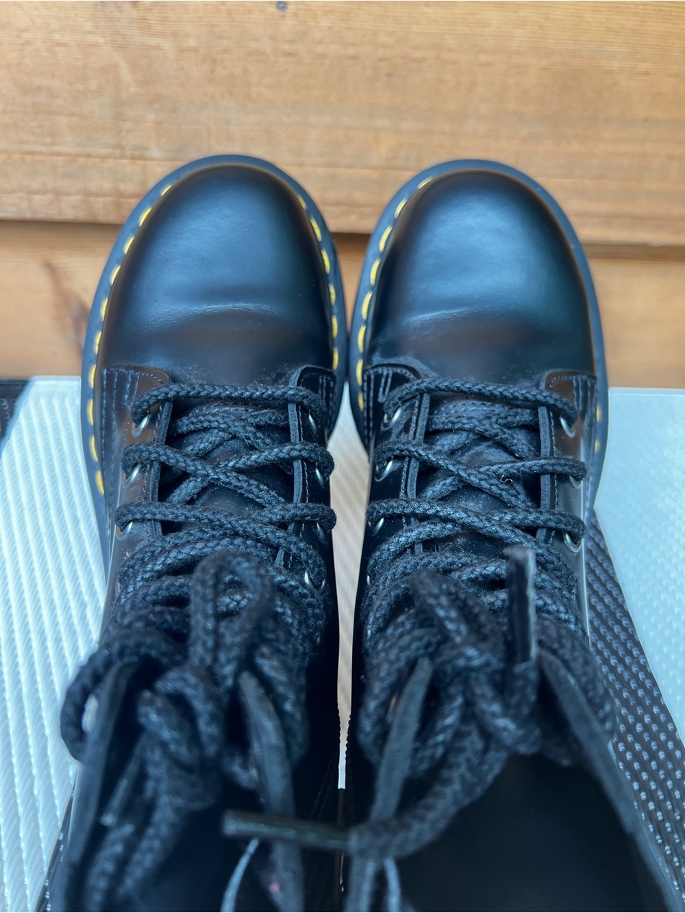 Dr. Martens Jadon Black Leather 8-Eye Lace-Up Boots with Yellow Stitching - Picture 5 of 7
